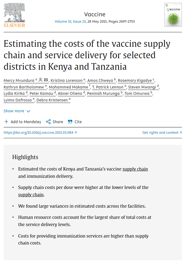 Estimating the costs of the vaccine supply chain and service delivery ...